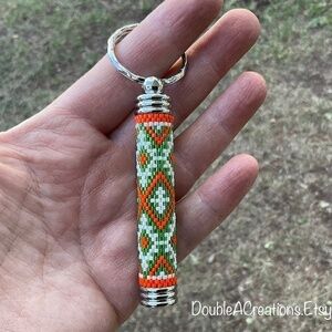 ORANGE Green and White Hidden Compartment Beaded Keychain, New, Handmade by Me
